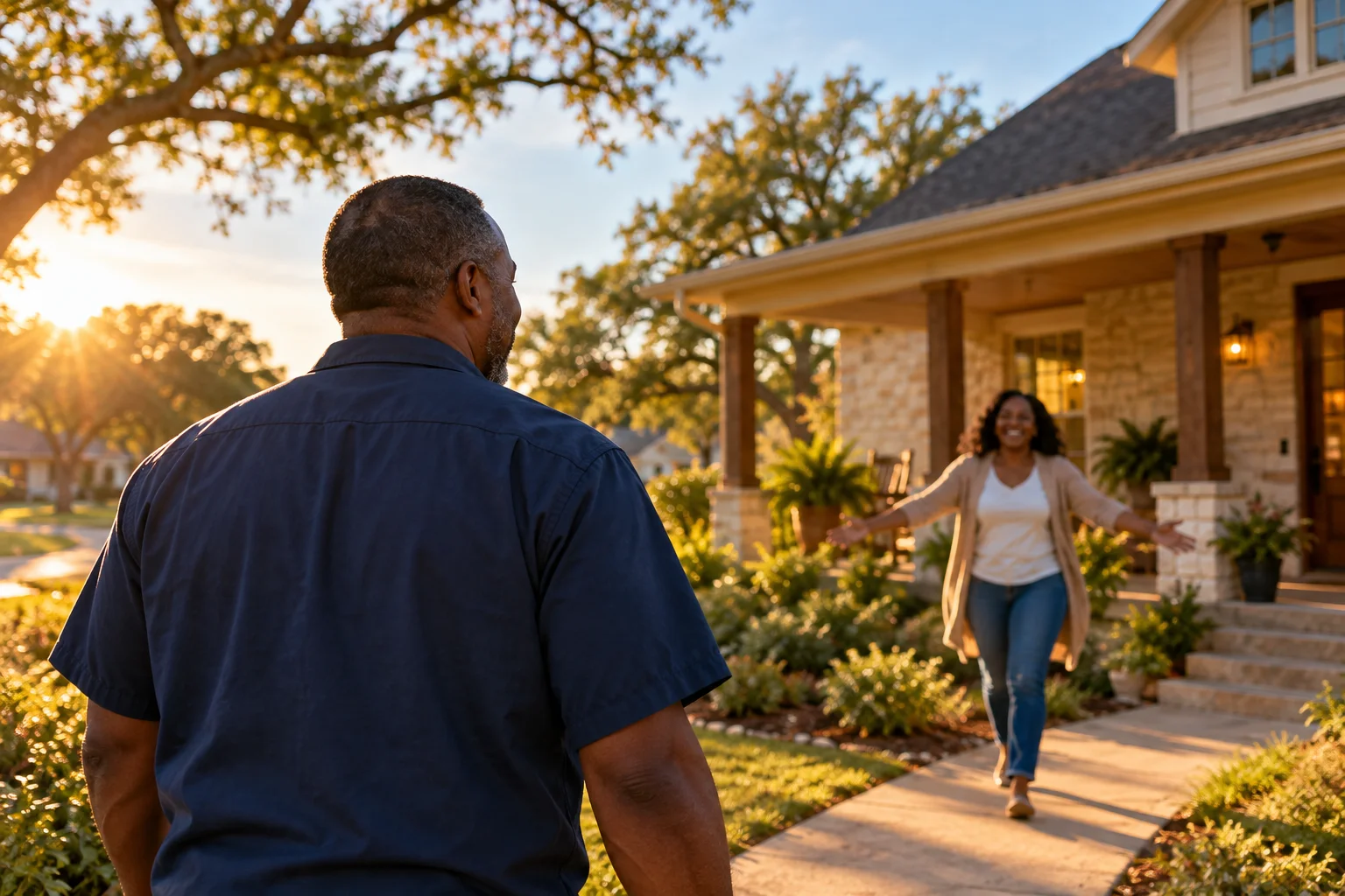 Illustrative scene of a man arriving at a welcoming Texas home