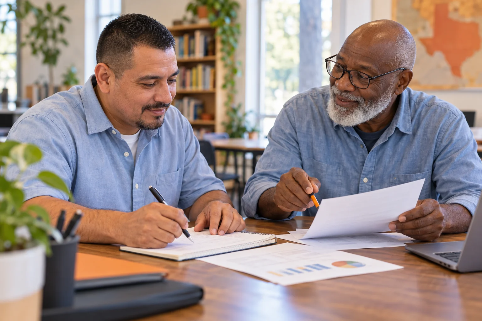 Illustrative scene of a mentor and an adult reviewing a plan